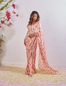 1 Min Baby Pink Floral Satin Silk Readymade Saree With Blouse UK Next Day - BONYHUBSAREE