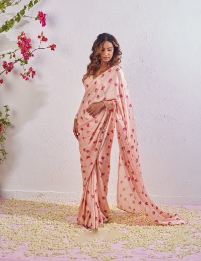 1 Min Baby Pink Floral Satin Silk Readymade Saree With Blouse UK Next Day - BONYHUBSAREE