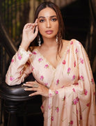 1 Min Baby Pink Floral Satin Silk Readymade Saree With Blouse UK Next Day - BONYHUBSAREE