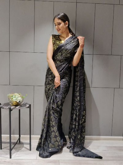 1 Min Black Designers Sequins Stitched Readymade Saree - BONYHUBSAREE
