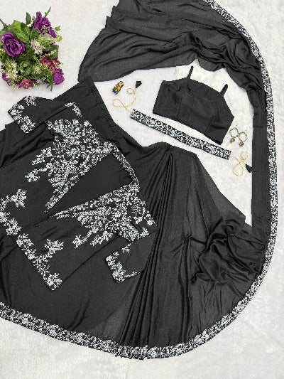 1 Min Black Embroidered Ready to Wear Saree Blouse &amp; Koti - BONYHUBSAREE