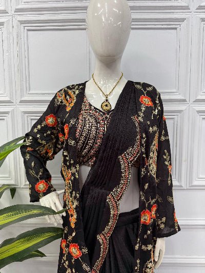 1 Min Black Embroidered Ready to Wear Stitched Saree Blouse & Koti - BONYHUBSAREE