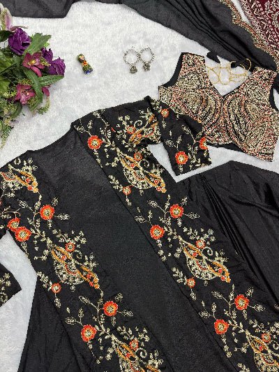 1 Min Black Embroidered Ready to Wear Stitched Saree Blouse & Koti - BONYHUBSAREE