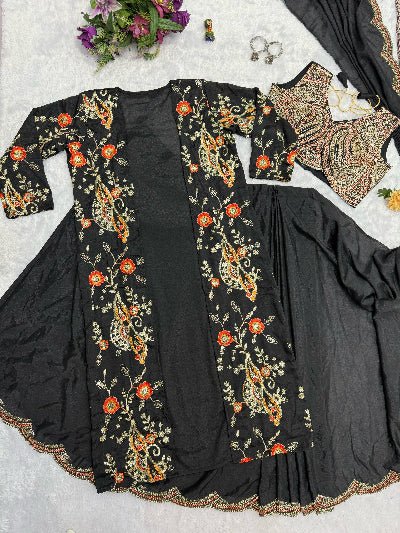 1 Min Black Embroidered Ready to Wear Stitched Saree Blouse & Koti - BONYHUBSAREE