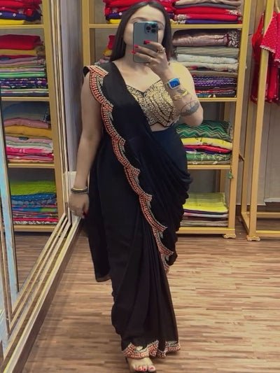 1 Min Black Embroidered Ready to Wear Stitched Saree Blouse & Koti - BONYHUBSAREE