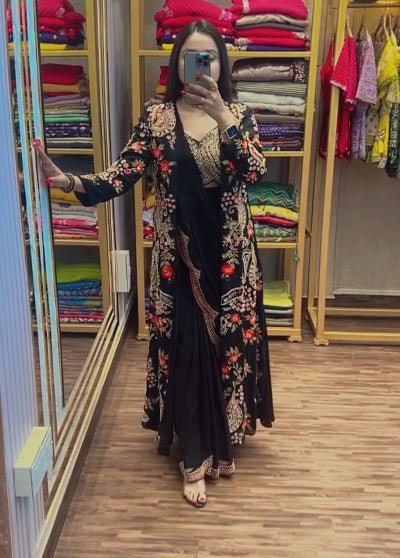 1 Min Black Embroidered Ready to Wear Stitched Saree Blouse & Koti - BONYHUBSAREE