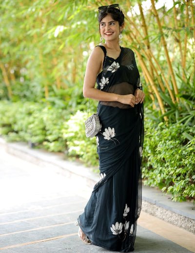 1 Min Black Floral Georgette Stitched Readymade Saree - BONYHUBSAREE