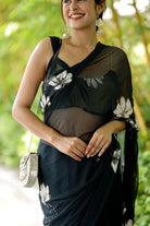 1 Min Black Floral Georgette Stitched Readymade Saree - BONYHUBSAREE