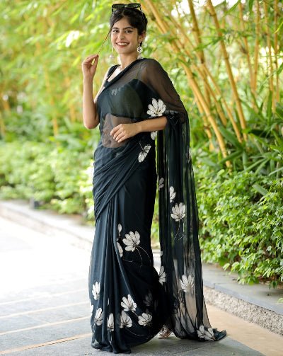 1 Min Black Floral Georgette Stitched Readymade Saree - BONYHUBSAREE