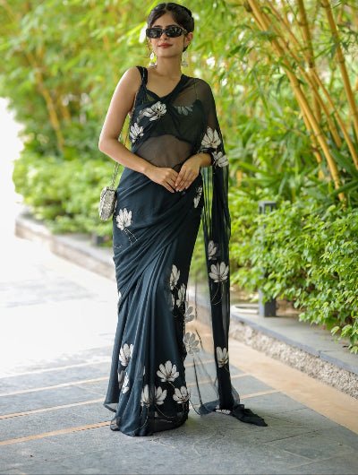 1 Min Black Floral Georgette Stitched Readymade Saree - BONYHUBSAREE