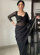 1 Min Black Georgette Readymade Saree & Stitched Blouse - BONYHUBSAREE