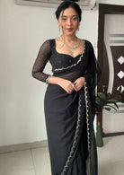 1 Min Black Georgette Readymade Saree & Stitched Blouse - BONYHUBSAREE