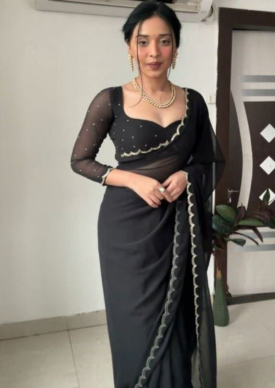 1 Min Black Georgette Readymade Saree & Stitched Blouse - BONYHUBSAREE