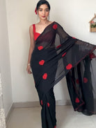 1 Min Black Georgette Red Heart Design Stitched Readymade Saree - BONYHUBSAREE