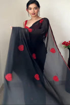1 Min Black Georgette Red Heart Design Stitched Readymade Saree - BONYHUBSAREE