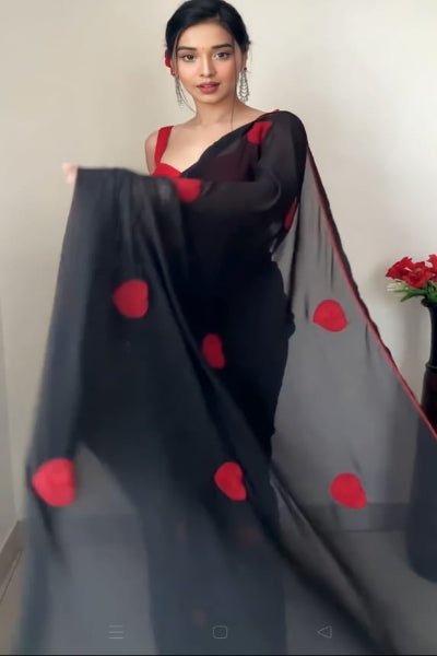 1 Min Black Georgette Red Heart Design Stitched Readymade Saree - BONYHUBSAREE