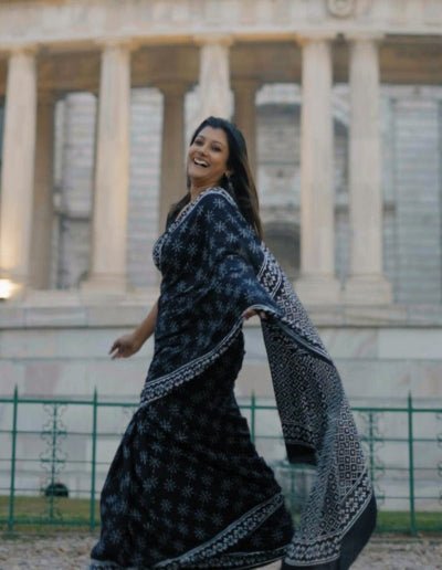 1 Min Black Linen Silk Printed Stitched Readymade Saree - BONYHUBSAREE