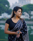 1 Min Black Linen Silk Printed Stitched Readymade Saree - BONYHUBSAREE