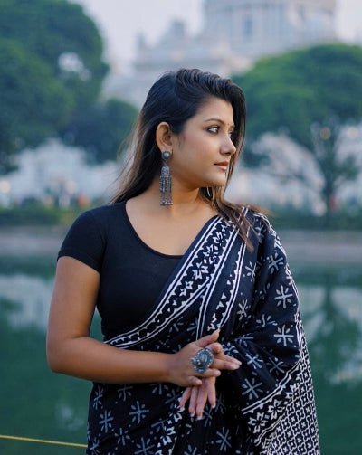 1 Min Black Linen Silk Printed Stitched Readymade Saree - BONYHUBSAREE