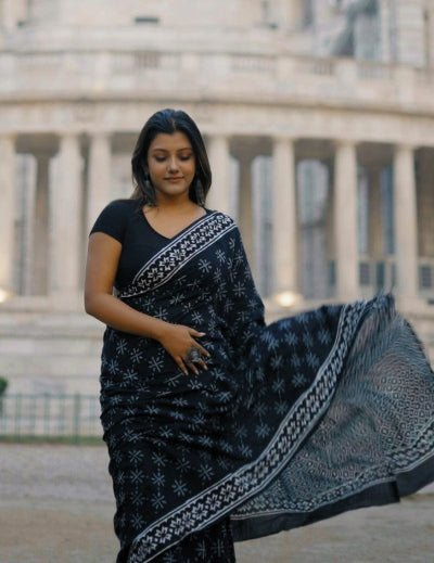 1 Min Black Linen Silk Printed Stitched Readymade Saree - BONYHUBSAREE
