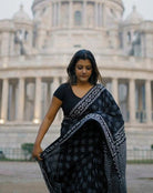 1 Min Black Linen Silk Printed Stitched Readymade Saree - BONYHUBSAREE