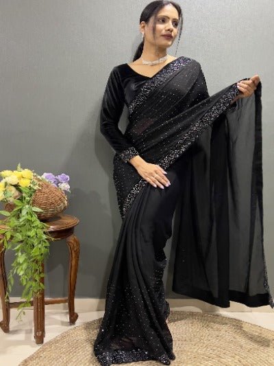 1 Min Black Silk Readymade Saree Velvet Blouse UK Next Day - BONYHUBSAREE
