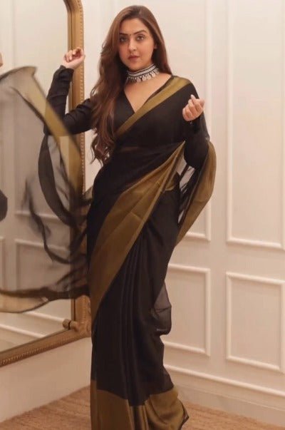 1 Min Black Soft Chiffon Silk Readymade Saree UK Next Day - BONYHUBSAREE