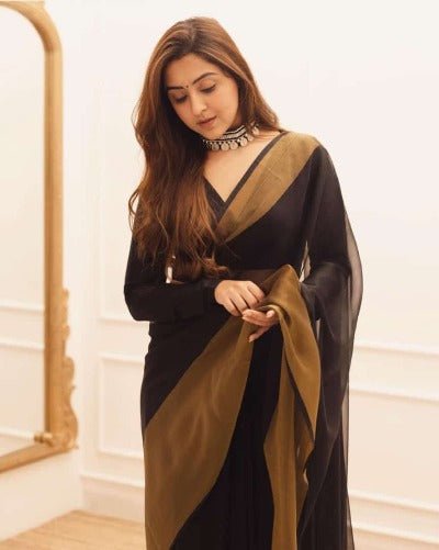 1 Min Black Soft Chiffon Silk Readymade Saree UK Next Day - BONYHUBSAREE