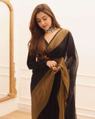 1 Min Black Soft Chiffon Silk Readymade Saree UK Next Day - BONYHUBSAREE