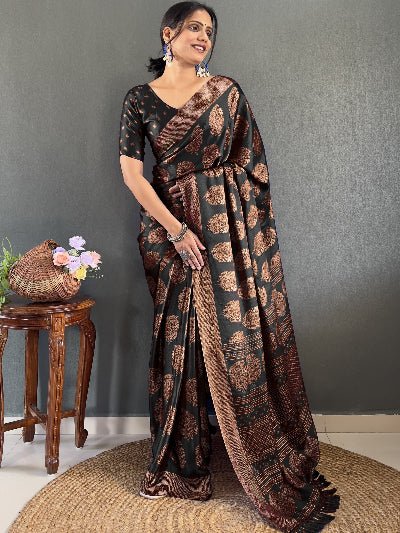 1 Min Black Soft Moss Silk Stitched Readymade Saree - BONYHUBSAREE