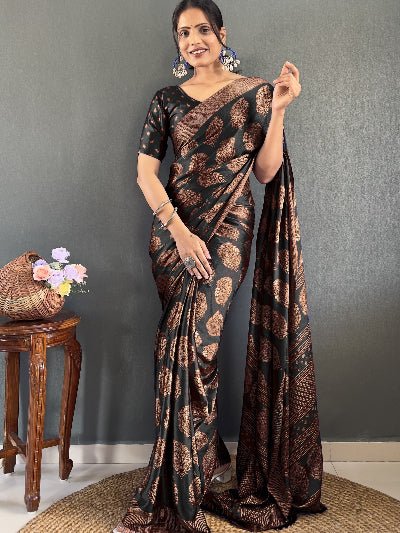 1 Min Black Soft Moss Silk Stitched Readymade Saree - BONYHUBSAREE