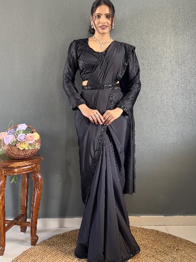 1 Min Black Stunning Hand Work Stitched Readymade Saree+ Blouse - BONYHUBSAREE