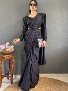 1 Min Black Stunning Hand Work Stitched Readymade Saree+ Blouse - BONYHUBSAREE