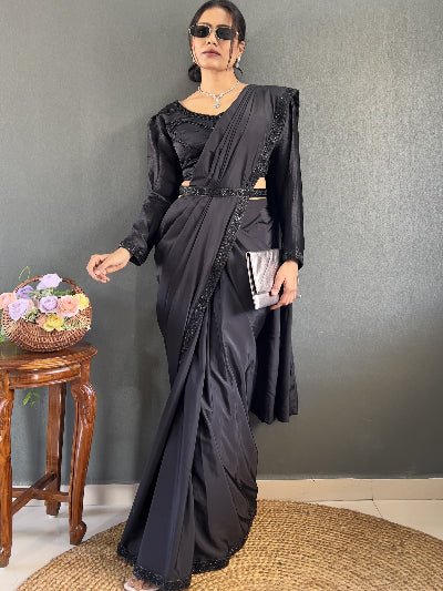1 Min Black Stunning Hand Work Stitched Readymade Saree+ Blouse - BONYHUBSAREE