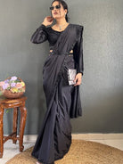 1 Min Black Stunning Hand Work Stitched Readymade Saree+ Blouse - BONYHUBSAREE