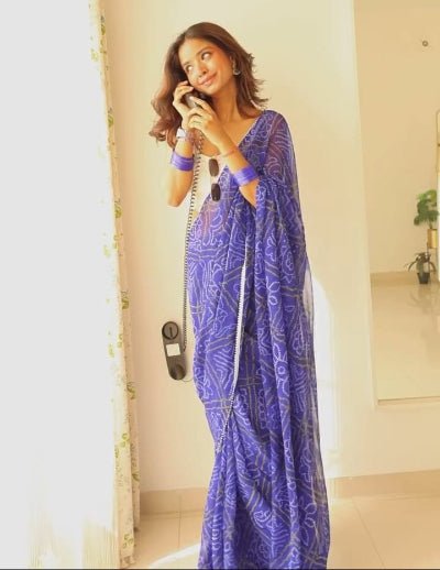 1 Min Blue Bandhani Georgette Stitched Readymade Saree - BONYHUBSAREE