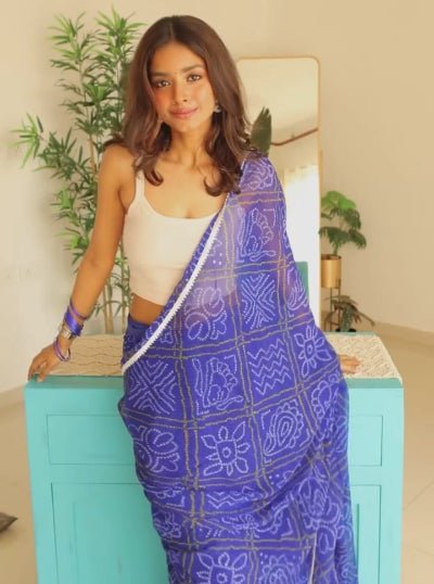 1 Min Blue Bandhani Georgette Stitched Readymade Saree - BONYHUBSAREE