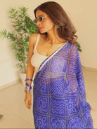 1 Min Blue Bandhani Georgette Stitched Readymade Saree - BONYHUBSAREE