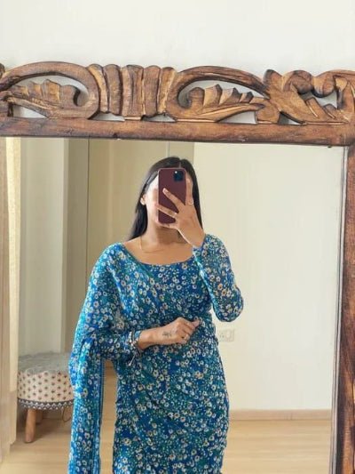 1 Min Blue Floral Georgette Stitched Readymade Saree UK Next Day - BONYHUBSAREE