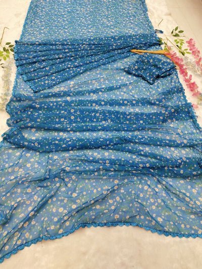 1 Min Blue Floral Georgette Stitched Readymade Saree UK Next Day - BONYHUBSAREE
