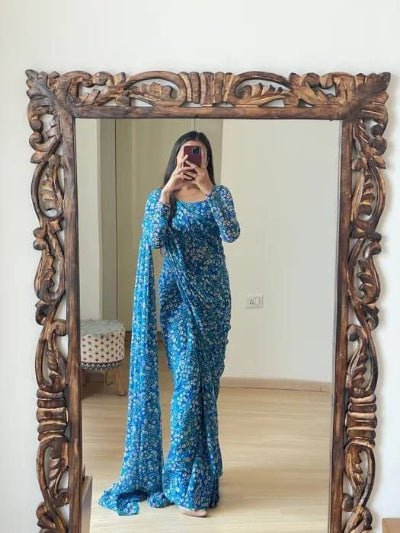 1 Min Blue Floral Georgette Stitched Readymade Saree UK Next Day - BONYHUBSAREE