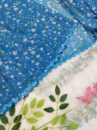 1 Min Blue Floral Georgette Stitched Readymade Saree UK Next Day - BONYHUBSAREE