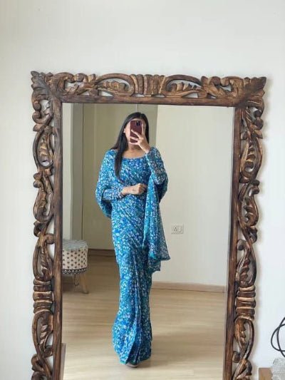 1 Min Blue Floral Georgette Stitched Readymade Saree UK Next Day - BONYHUBSAREE