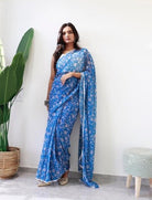 1 Min Blue Georgette Digital Print Stitched Readymade Saree - BONYHUBSAREE