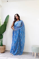 1 Min Blue Georgette Digital Print Stitched Readymade Saree - BONYHUBSAREE