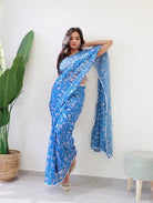 1 Min Blue Georgette Digital Print Stitched Readymade Saree - BONYHUBSAREE