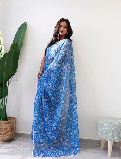 1 Min Blue Georgette Digital Print Stitched Readymade Saree - BONYHUBSAREE