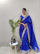 1 Min Blue Khadi Organza Silk Stitched Readymade Saree - BONYHUBSAREE