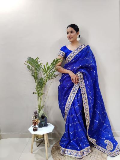 1 Min Blue Khadi Organza Silk Stitched Readymade Saree - BONYHUBSAREE