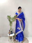 1 Min Blue Khadi Organza Silk Stitched Readymade Saree - BONYHUBSAREE